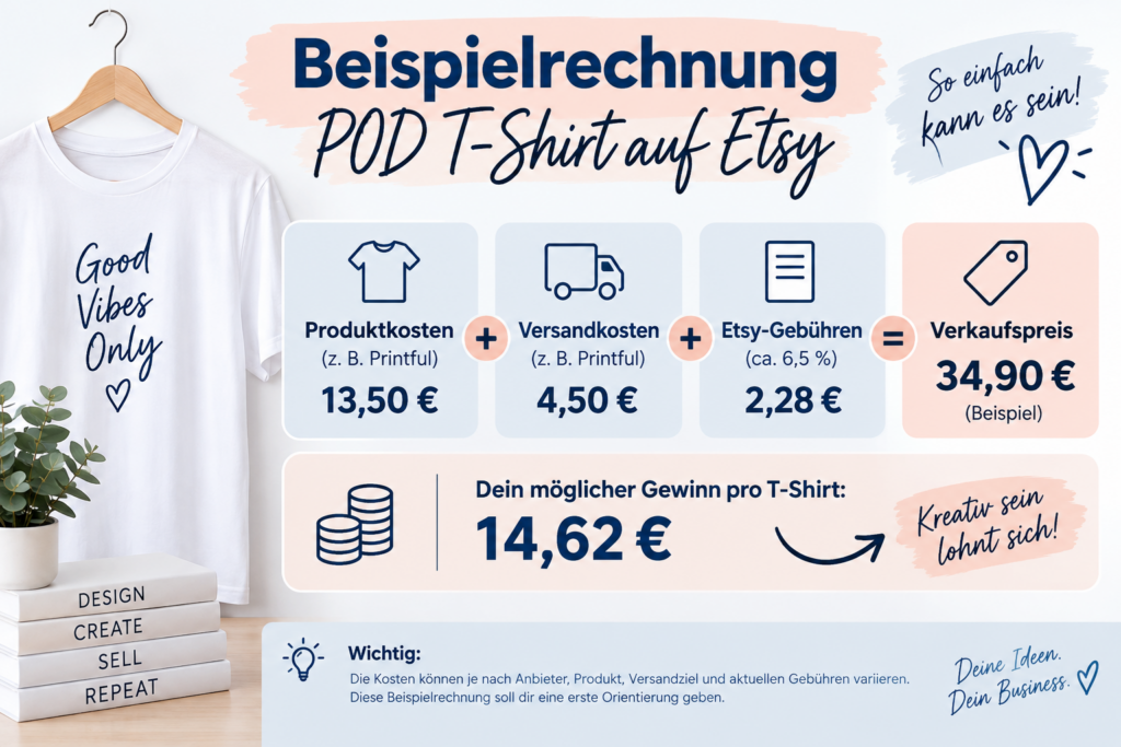 Infografik mit Beispielrechnung für ein Print-on-Demand-T-Shirt auf Etsy mit Produktkosten, Versandkosten, Etsy-Gebühren, Verkaufspreis und möglichem Gewinn.