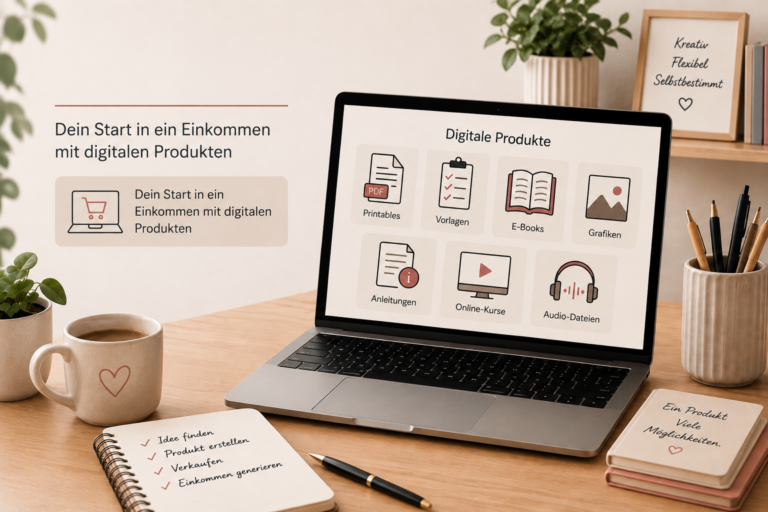 Laptop mit Beispielen für digitale Produkte wie Printables, Vorlagen, E-Books, Grafiken, Online-Kurse und Audiodateien