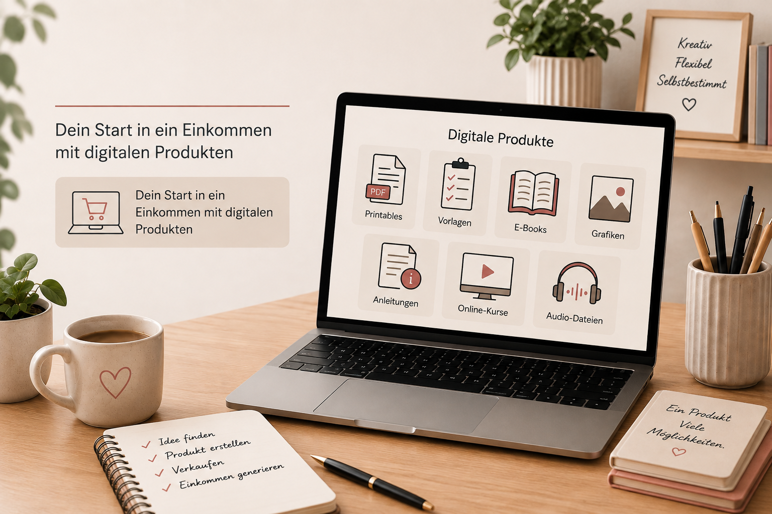 Laptop mit Beispielen für digitale Produkte wie Printables, Vorlagen, E-Books, Grafiken, Online-Kurse und Audiodateien