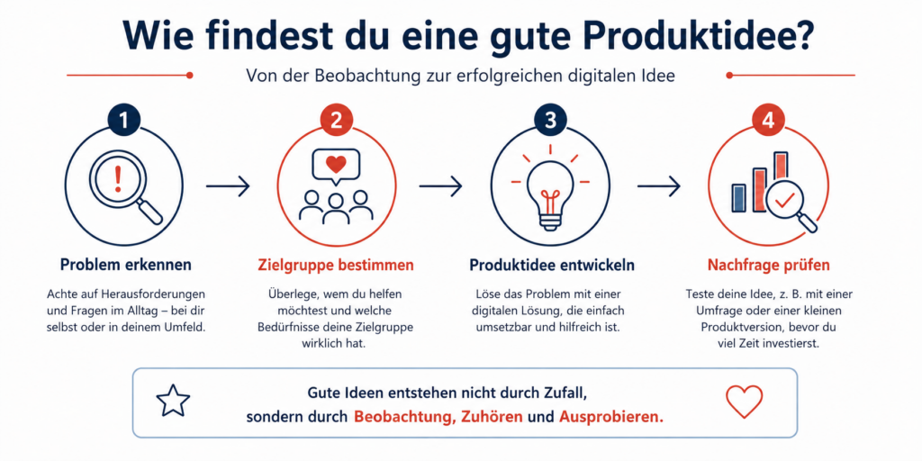 Infografik mit vier Schritten zur digitalen Produktidee: Problem erkennen, Zielgruppe bestimmen, Produktidee entwickeln und Nachfrage prüfen