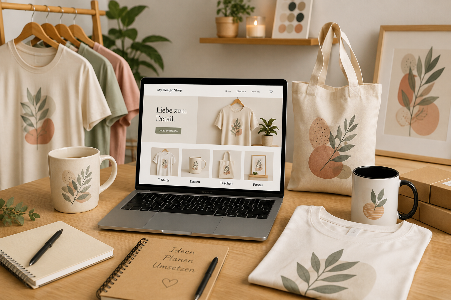 Arbeitsplatz mit Laptop und verschiedenen Print-on-Demand-Produkten wie T-Shirts, Tassen, Stofftasche und Poster
