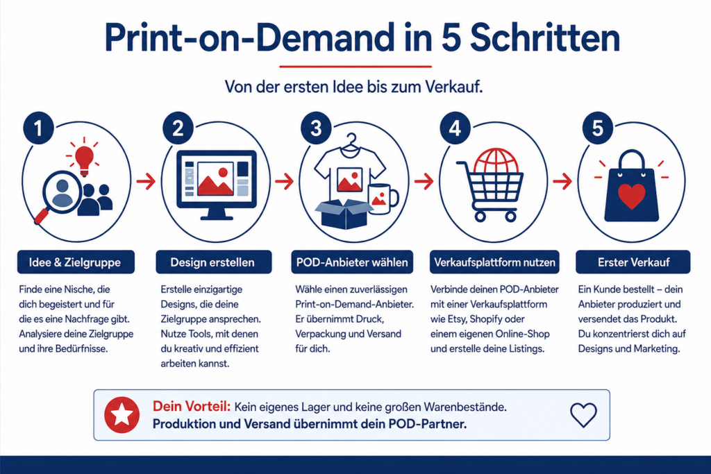 Infografik zum Print-on-Demand-Ablauf in fünf Schritten: Zielgruppe finden, Design erstellen, POD-Anbieter wählen, Verkaufsplattform nutzen und erstes Produkt verkaufen