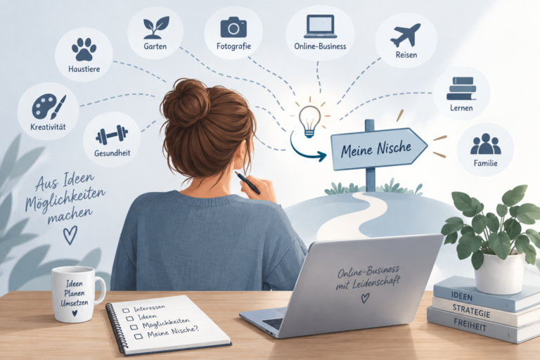 Illustration zur Nischenfindung für ein Online-Business mit verschiedenen Themen und Ideen