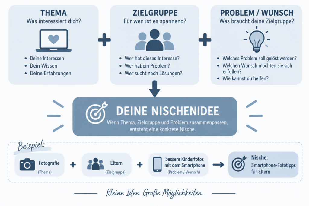 Infografik zur Nischenfindung: Thema, Zielgruppe und Problem oder Wunsch ergeben eine konkrete Nischenidee