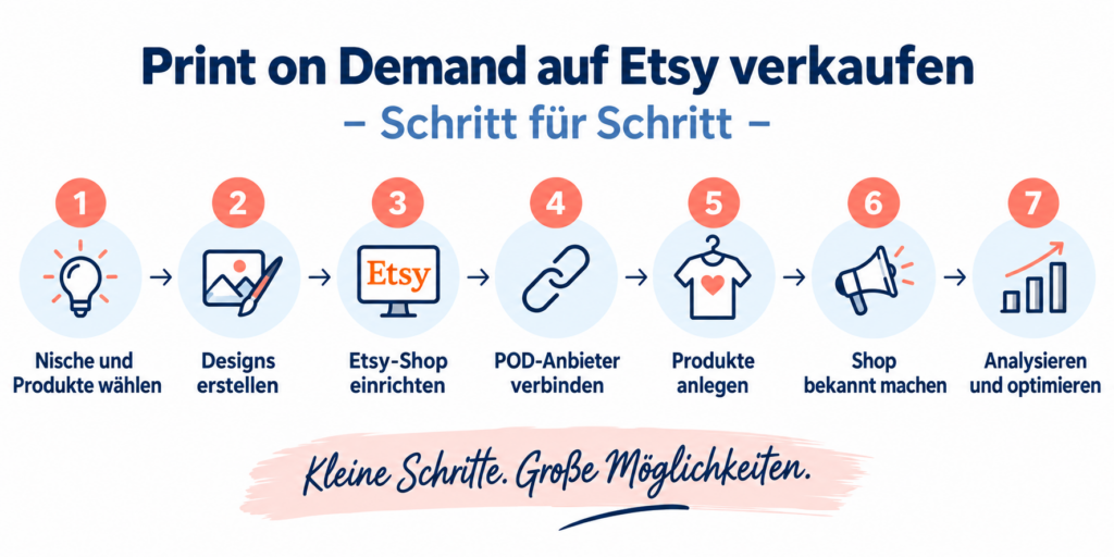 Infografik mit sieben Schritten zum Start eines Print-on-Demand-Shops auf Etsy – von Nische und Design über Shop-Einrichtung und POD-Anbieter bis zur Optimierung.