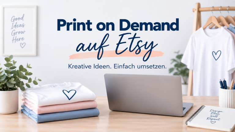Beitragsbild zu Print on Demand auf Etsy mit T-Shirts, Laptop und dem Schriftzug „Print on Demand auf Etsy – Kreative Ideen. Einfach umsetzen.“