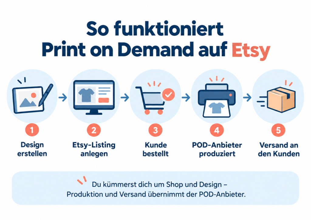 Infografik zum Ablauf von Print on Demand auf Etsy: Design erstellen, Etsy-Listing anlegen, Kundenbestellung, Produktion durch den POD-Anbieter und Versand an den Kunden.