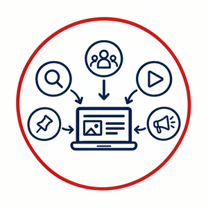 Grafik mit Laptop und Symbolen für verschiedene Traffic-Quellen, die Besucher auf eine Website führen