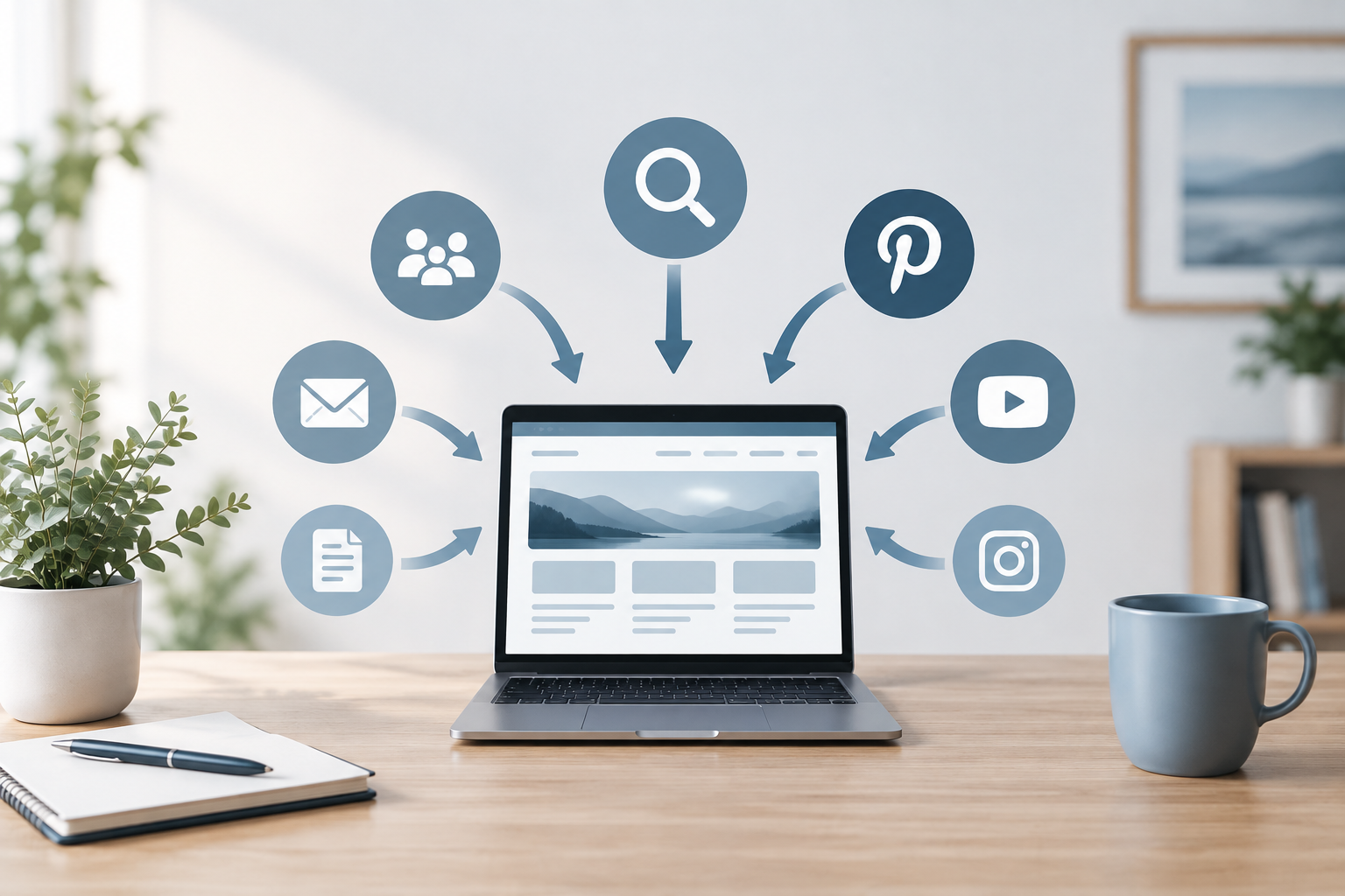 Laptop mit Symbolen für verschiedene Traffic-Quellen wie Suchmaschinen, Pinterest und YouTube