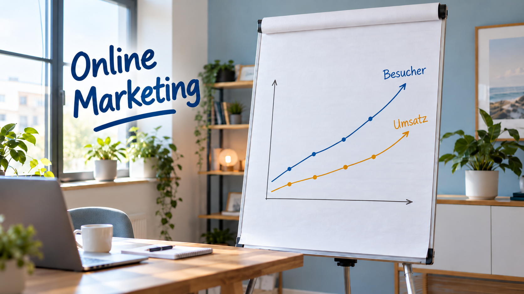 Flipchart mit Online Marketing sowie ansteigendem Graphen für Besucher und Umsatz